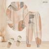 Women Plus Size Two Piece Set Abstract Leaf Printed Hooded Long Sleeve Top Cuffed Pants