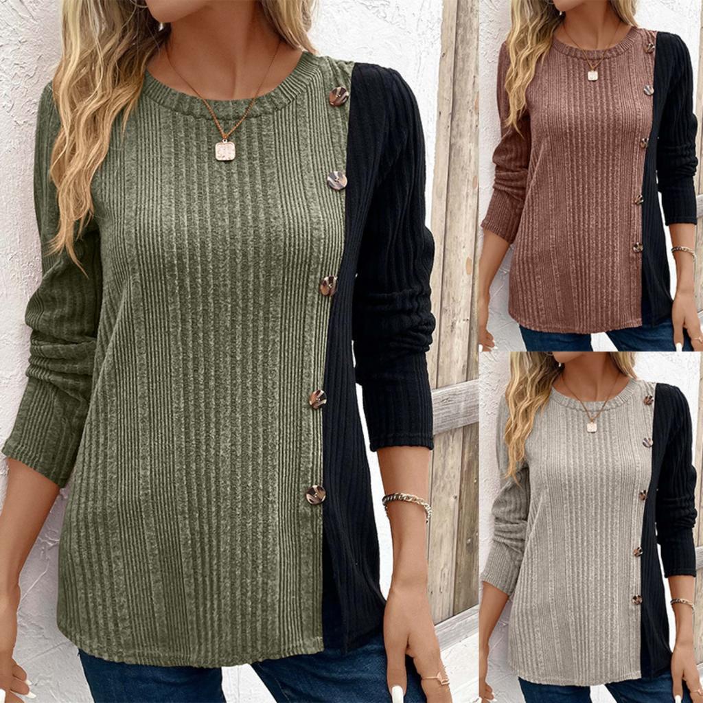 Neues Damen Colorblock Knöpfbares Gespaltenes Langes Lässiges Oberteil, Freizeit