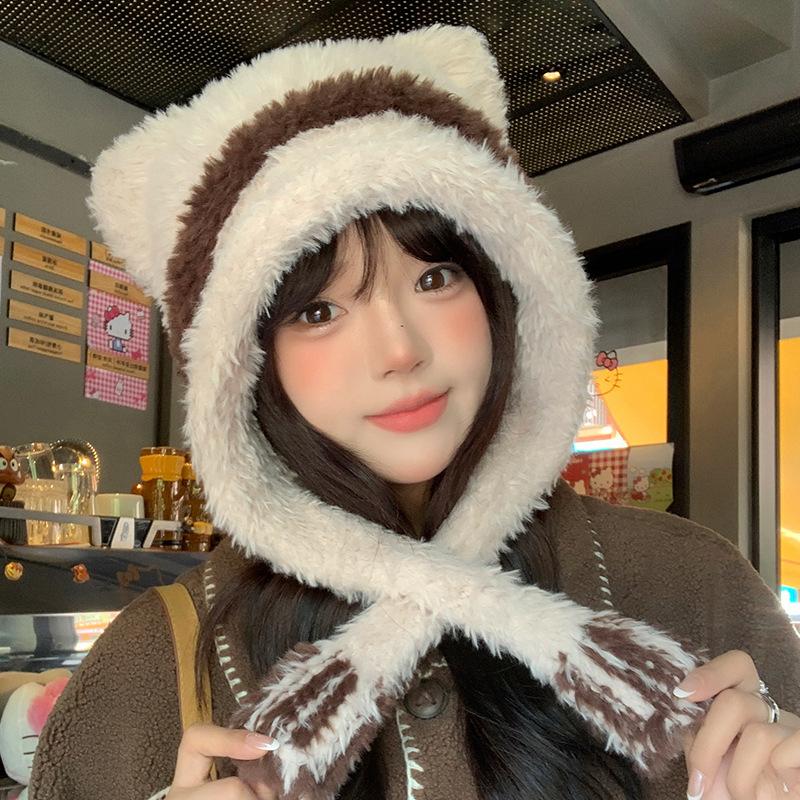 

Плюшевая милая шапка с медвежьими ушками, женская осенне-зимняя утолщенная теплая вязаная шапка, велосипедная ветрозащитная защита ушей, шапка-ушанка, модная M（56-58cm）