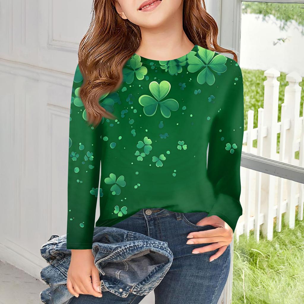 Flickor Långärmade T-shirts Barn Hösttoppar Rundhals Tryckta Bas T-shirts Saint Patrick's Day