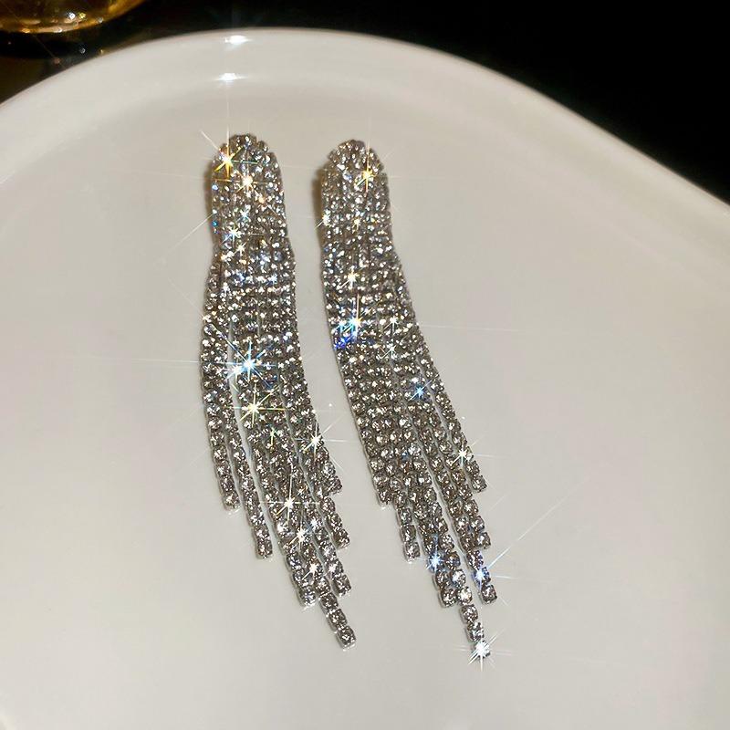 Silver Needle Diamond Flower Water Drop Tassel Earrings Exaggerated Earrings Light Luxury Premium Earrings Women