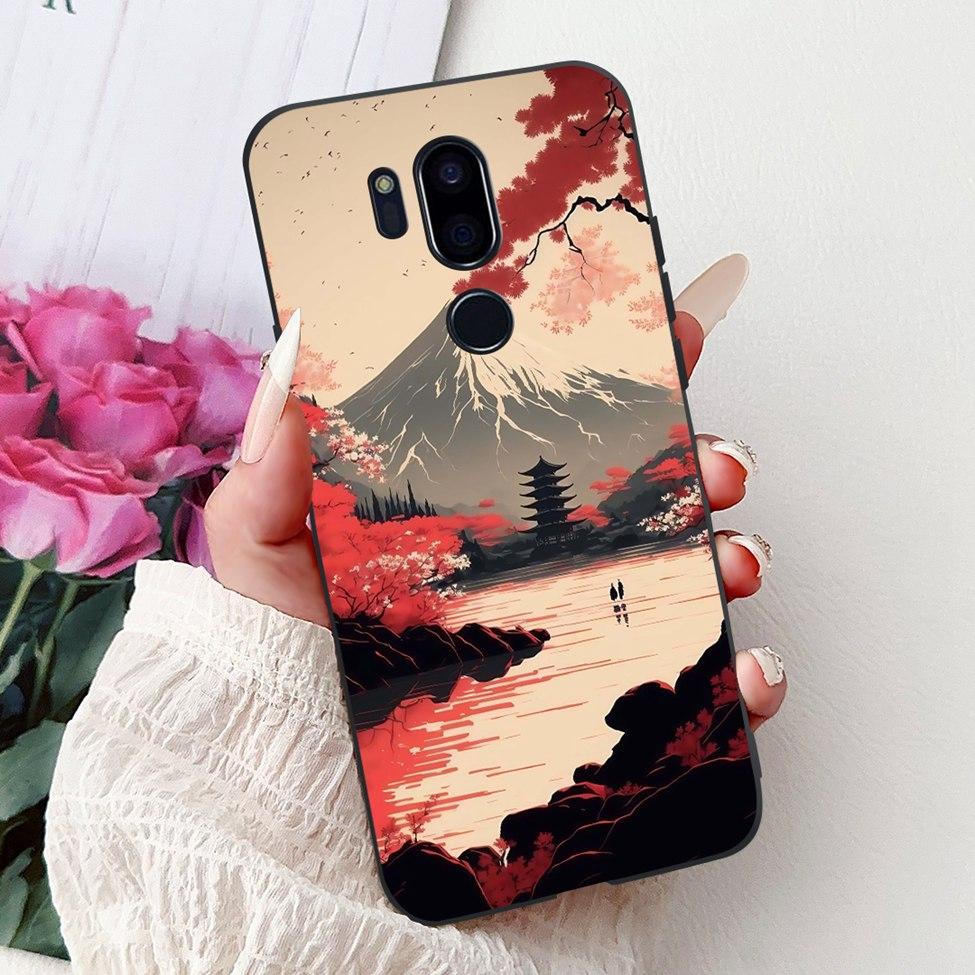Para LG G7 ThinQ Funda Silicona Negra Gato Lindo Flores de Moda Trasera Pintada Genial Para LG G7ThinQ Funda de Teléfono LMG710EM
