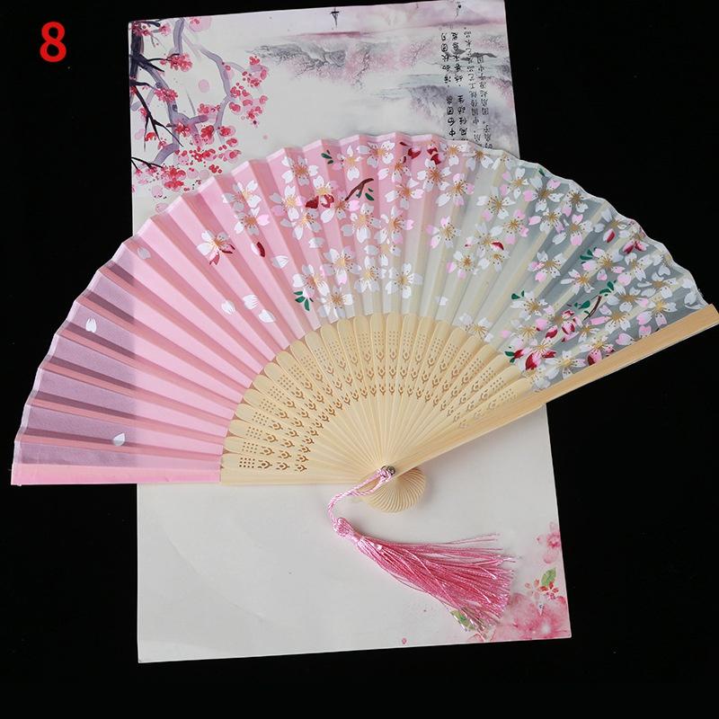 1Pc Vintage Silk Folding Fan Retro Chinese Japanese Bamboo Folding Fan Tassel Dance Hand Fan Home Decoration Ornament Craft Gift