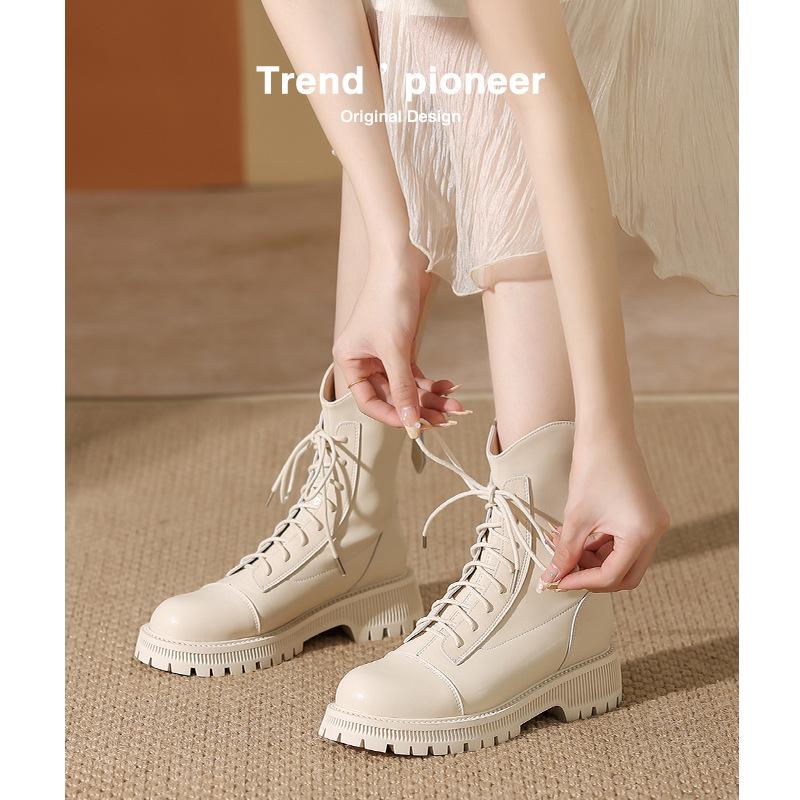 Middle heel autumn and winter new Martin boots women's thick-soled lace-up leather short boots women's beige temperament boots women