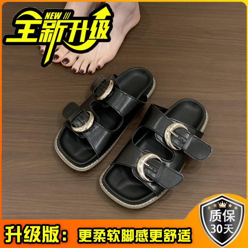 French Casual Belt Buckle Thick-soled Cloth-covered Cool Slippers Summer Retro Outer Wear Open-toed Flat-bottomed Casual One-word Slippers