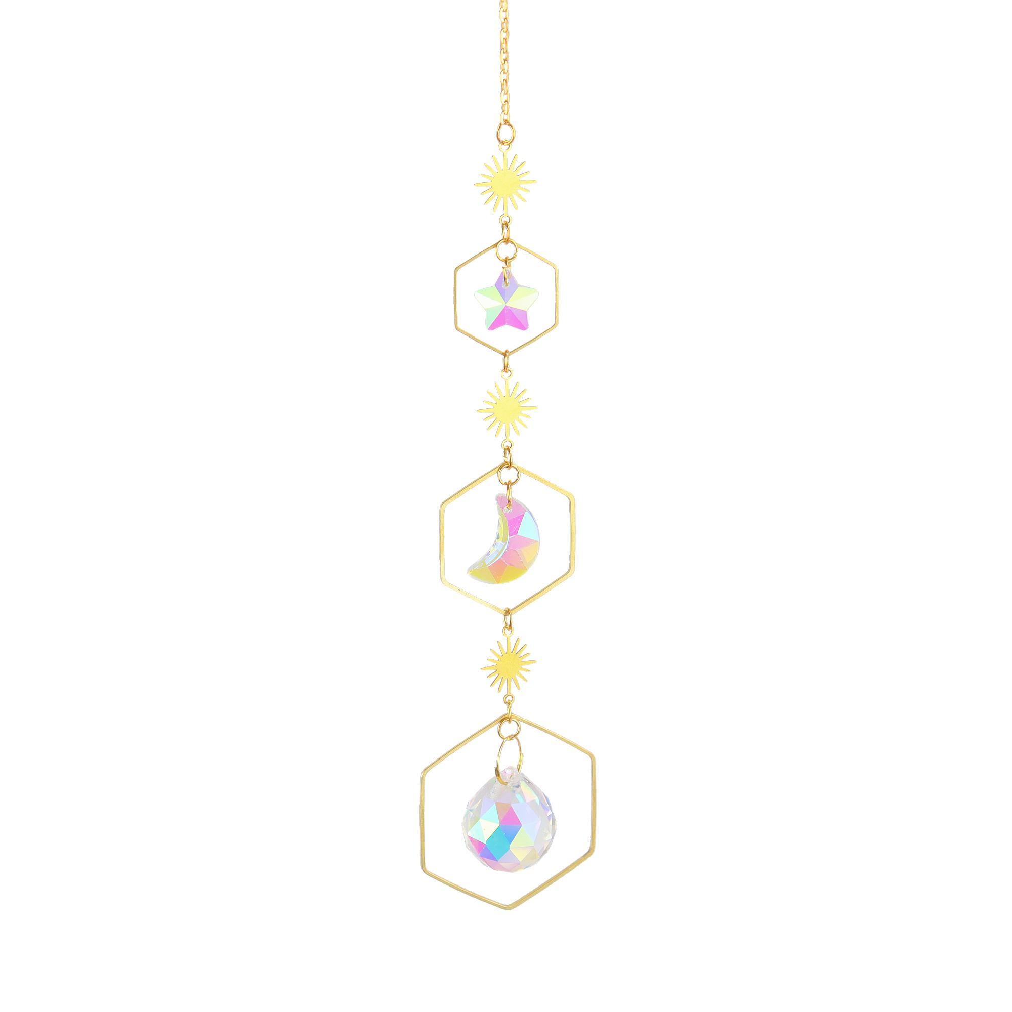 Crystal Sun Catcher Ornament - Solar Crystal Ball with Moon, Stars & Prism Hanging for Garden and Home Decor