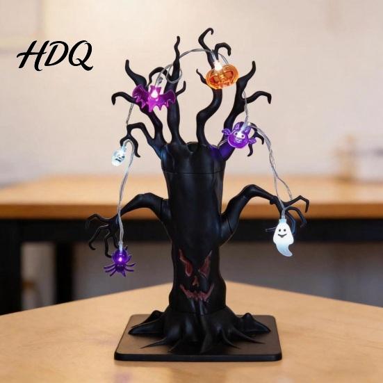 Creepy Spider Tree for Holiday Lighted Halloween Spooky Dead Tabletop Decor Ghost Face Haunted Glowing Skeleton Bat Ornaments with Pumpkin LED String