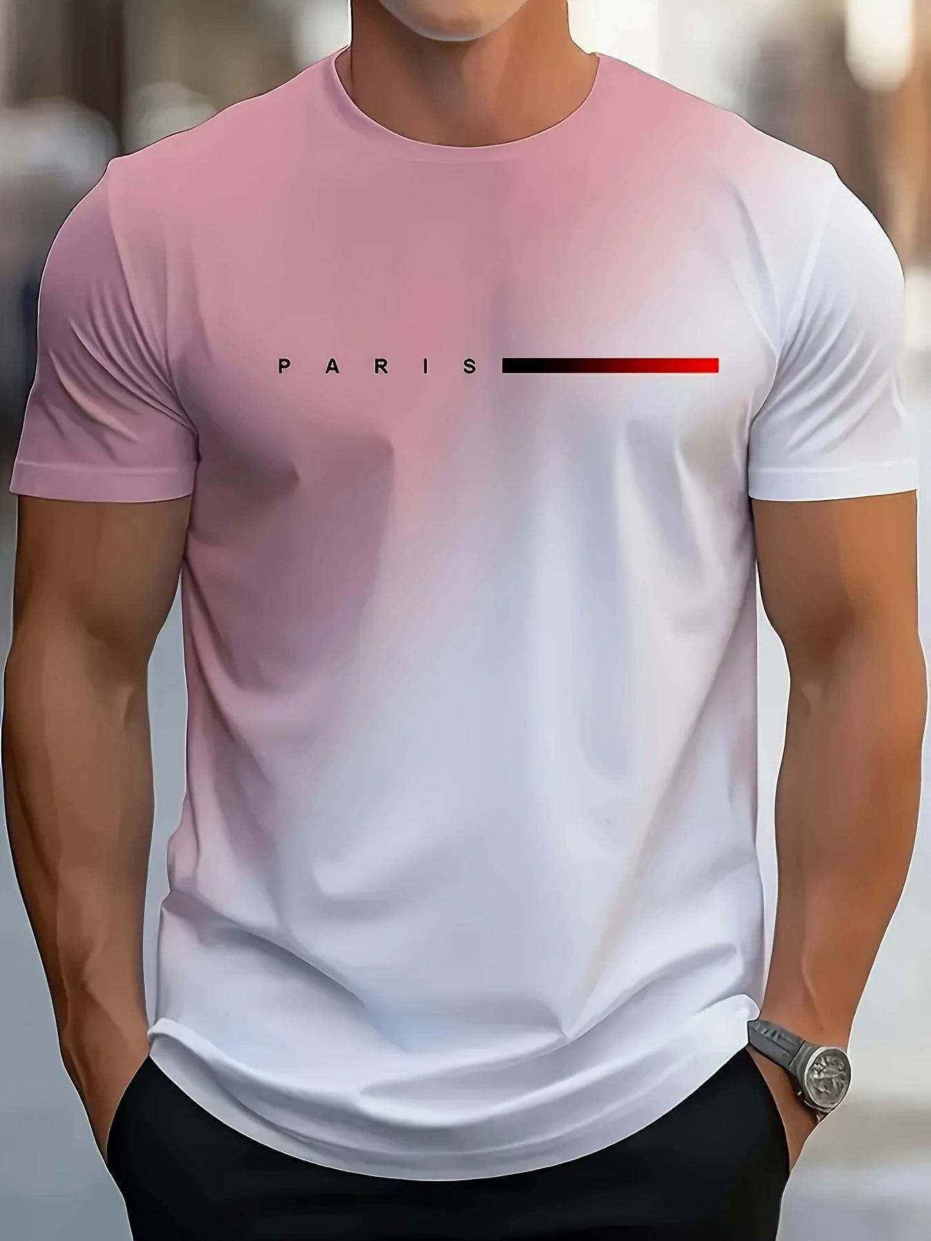 Men s  PARIS  Stripe Print Gradient Short Sleeve Crew Neck S