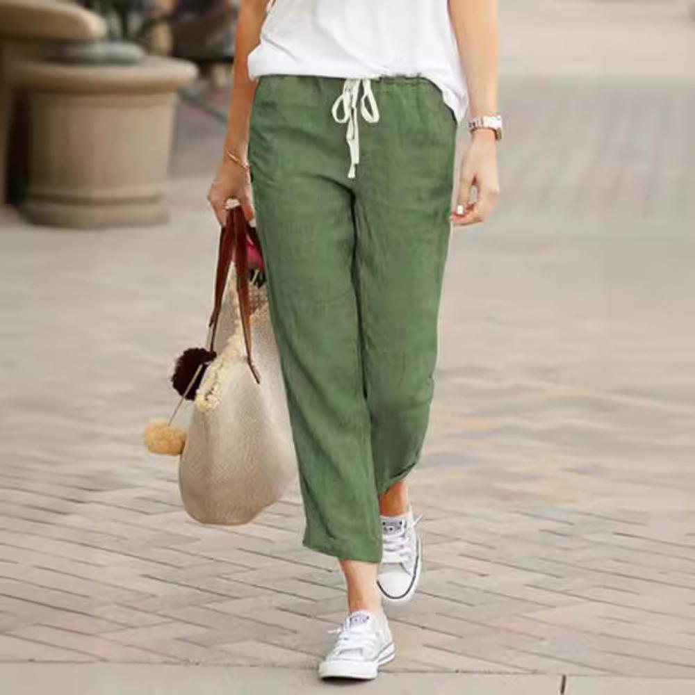Fashion Solid Color Loose Pants Casual Drawstring Elastic Waist Trousers Cotton and Linen Jogger Pants for Womens