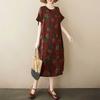 Summer Thin Cotton and Linen Retro Flower Art Knee Length Dress with Feminine Temperament