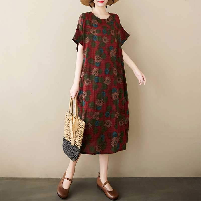 Summer Thin Cotton and Linen Retro Flower Art Knee Length Dress with Feminine Temperament