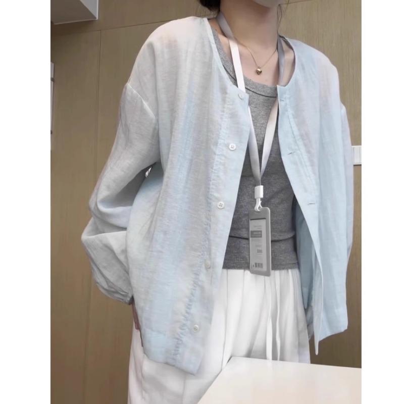 Women Round Neck Long Sleeve Loose Casual Sunscreen Shirt Fashion Daily Blouse Tops S синий