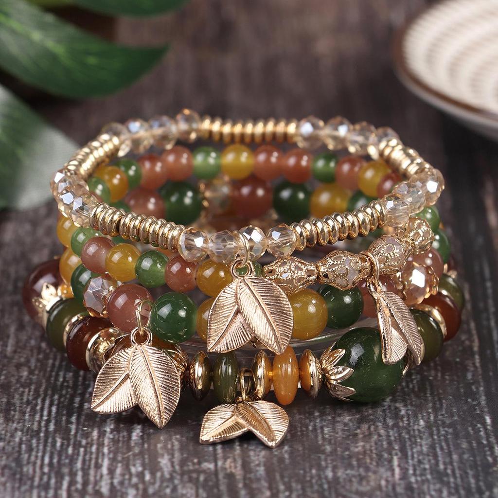 Bohemian Retro Beaded Bracelet with Leaf Pendant and Crystal Accents