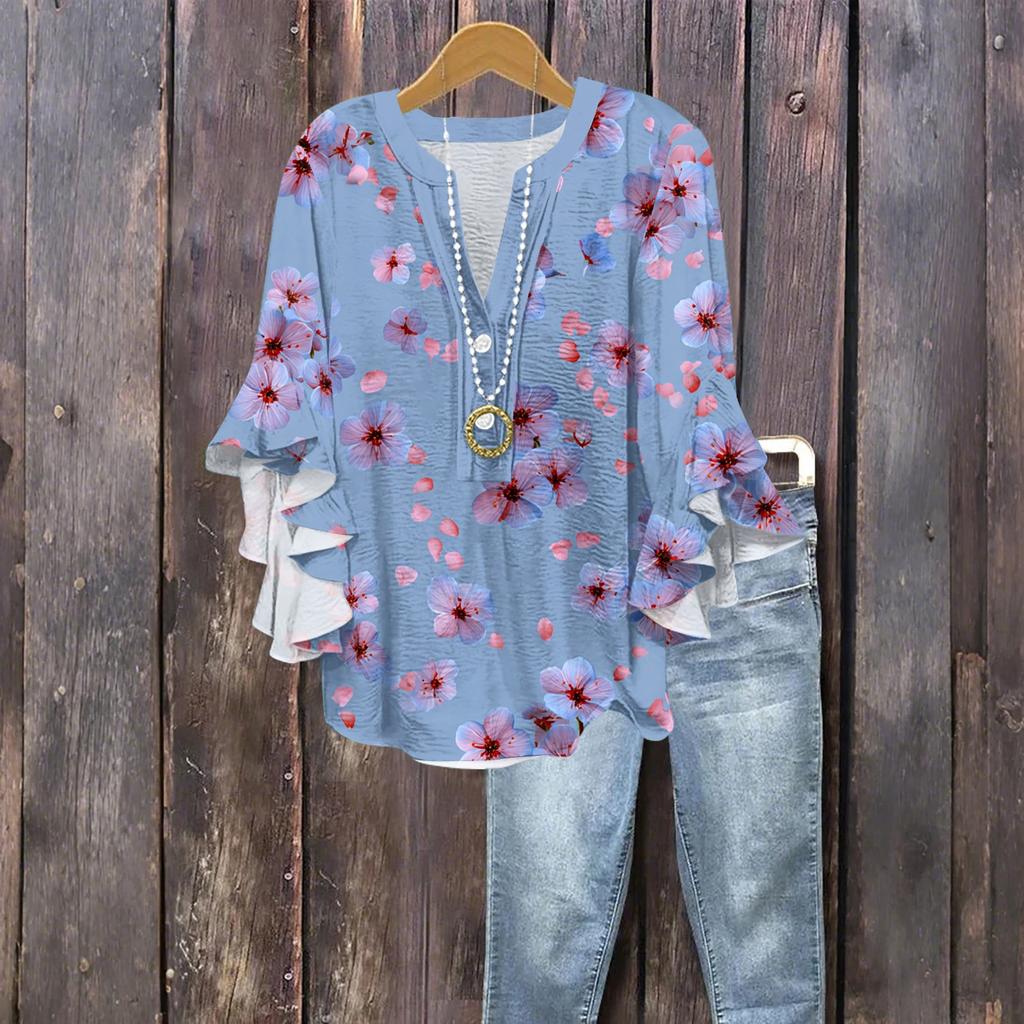 Women's Fashion Button V-Neck Ruffle Seven Sleeve Blouse Floral Printed Top