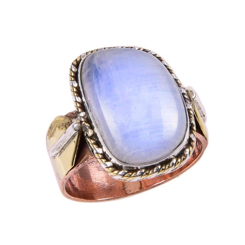 Natural Rainbow Moonstone Gemstone 925 Sterling Silver Two Tone Ring Size 7 r4u17