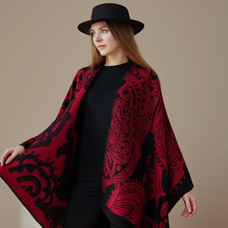 Womens Oversized Knit Shawl Wrap Scarf Ethnic Warm Fleece-Like Cape Travel Winter
