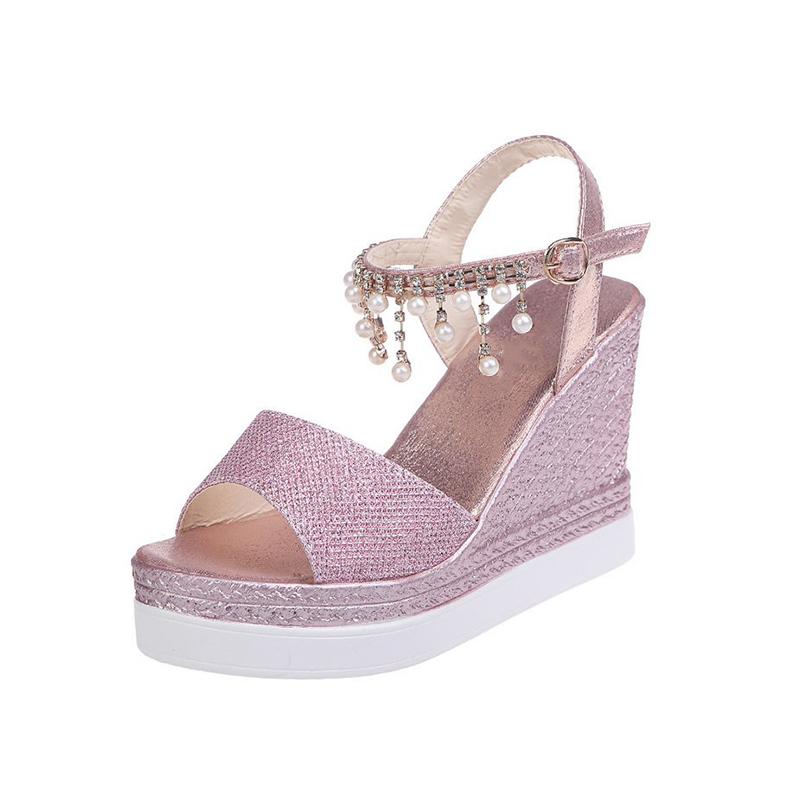 Newest Women Wedge Sandals Summer Bead Studded Detail Platform Sandals Buckle Strap Peep Toe Thick Bottom Casual Shoes Ladies Uo98