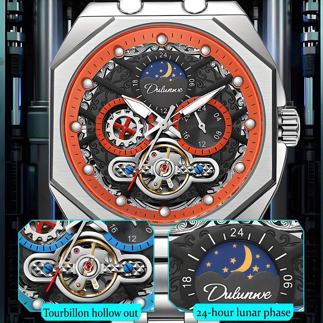 

Турбийон с полым циферблатом, механические часы с фазой Луны с сильной люминесценцией для мужчин, полностью автоматические деловые часы, праздничный подарок, часы из нержавеющей стали оранжевый