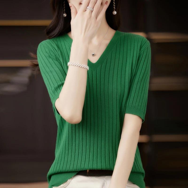 Women's Sweater Spring Summer Short Sleeve V-neck Knit Shirt Casual Korean Pullovers Stripe Bottoming Shirt Slim Fit Jumpers