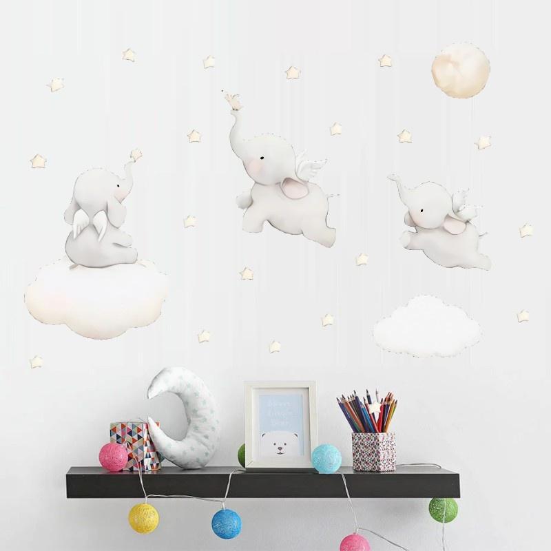 Cartoon Stars Cloud Wall Elephant Sticker Nordic Style Nursery Wall Decals Shining Star Bedroom Kids