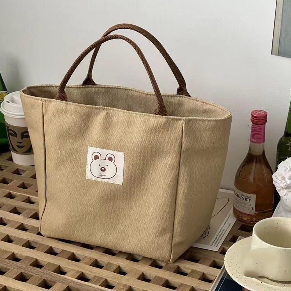Bucket Bag Bear Print Bag Korean Style Canvas Bag Women Handbag Spring Day Picnic Bag Lunch Bag