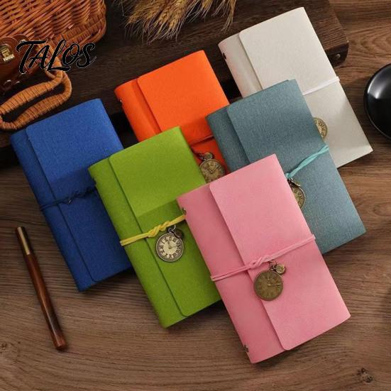 Stain-resistant Journal A6 Faux Leather Notebook, 6 Ring Loose Leaf Binder with Retro Clock Ink-proof Planner Pendant, 7 Inch Personal for Travel