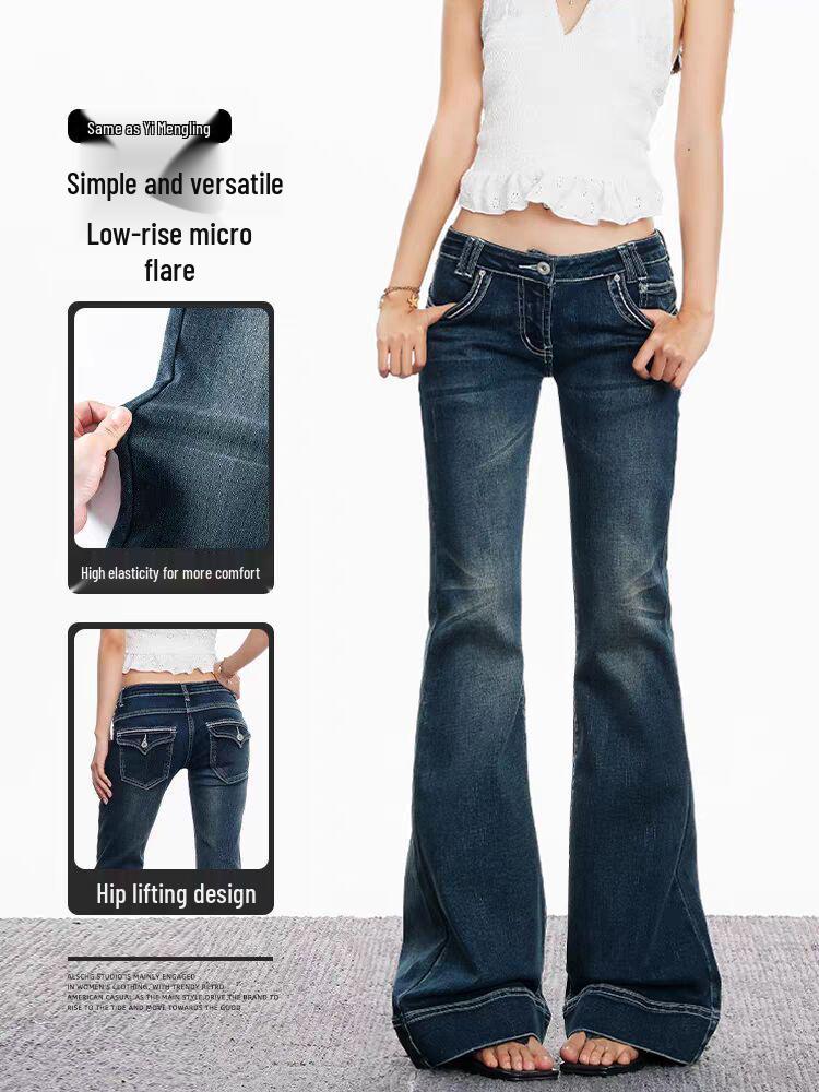 Jeans Micro-Flare a Vita Bassa Yi Mengling - Pantaloni Flare Elasticizzati Lavati da Donna, Primavera/Autunno