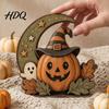 Cute Ghost Pumpkin Desktop Signs Halloween Retro Witch Cat Figurines with Crescent Base, Spooky Rustic Tiered Tray Decor Wooden Tabletop Centerpiece