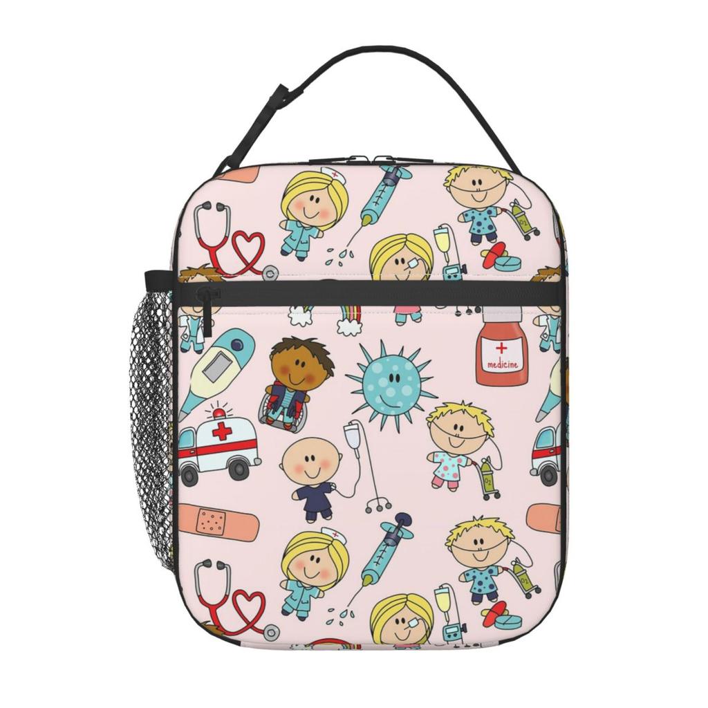 Kawaii Doctors Nurse Enfermera Doctor Pattern Insulated Lunch Bag for Women Kids Leakproof Food Boxes Thermal Lunch Box Tote