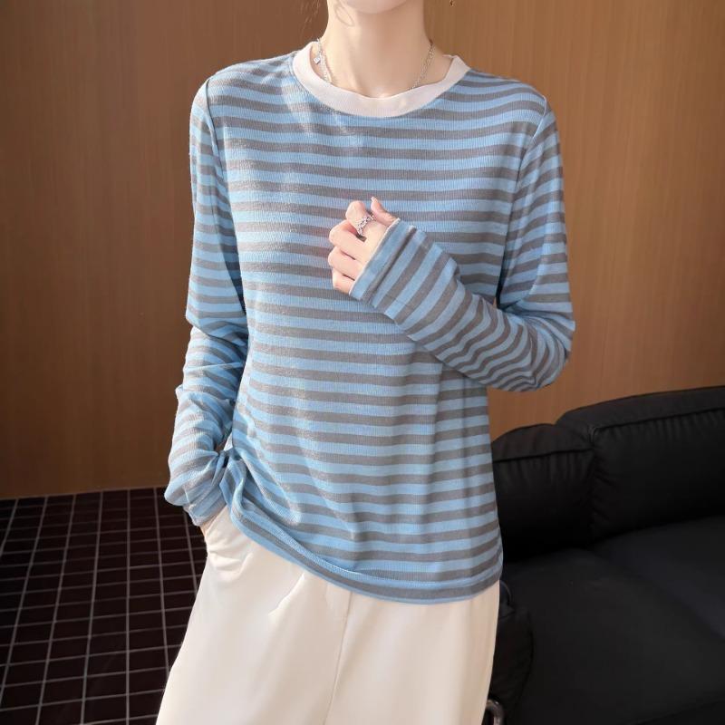 Women S Striped Crew Neck Loose Long Sleeve Knit T Shirt Casual Top