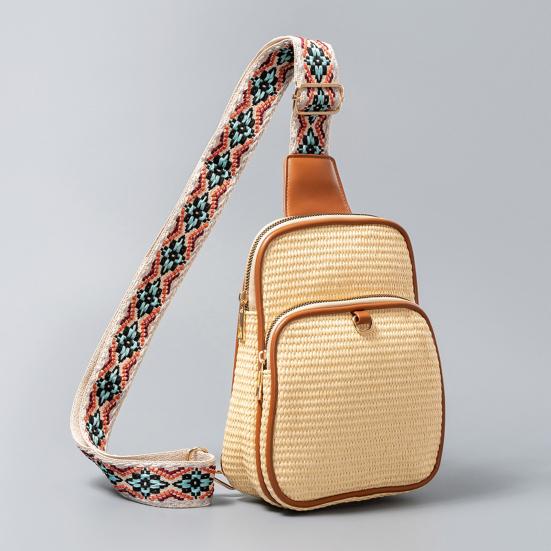 Women Crossbody Pack Straw Woven Chest Bag with Ethnic Strap Boho Shoulder Bag Crossbody Purse for Travel Vacation Street