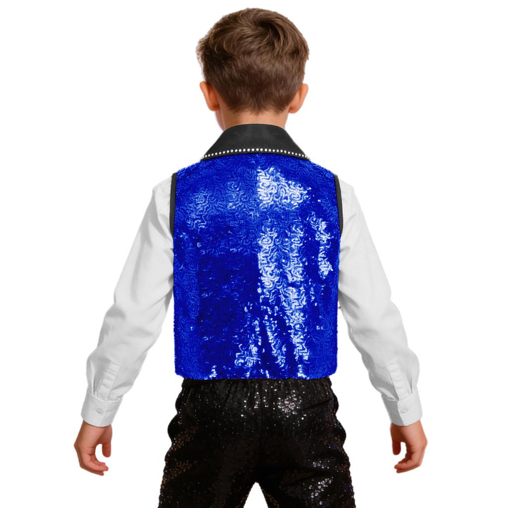 Boys Girls Sparkly Sequin Vest Contrast Lapel Collar Sleeveless Asymmetrical Waistcoat for Stage Performance Costume Tops
