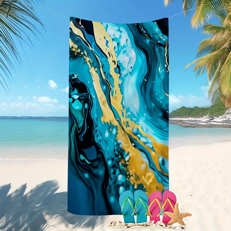 Abstract Fluid Marble Beach Towel - Deep Teal Blue Gold, Quick-Dry Microfiber, Luxury Towel for Pool Swimming Camping
