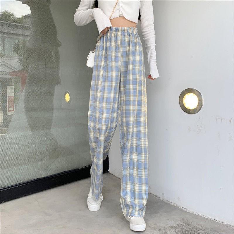 Women's High-Waist Black & White Plaid Wide-Leg Pants - Slim, Versatile, Casual, Loose, with Velvet, Ideal for Autumn and Winter
