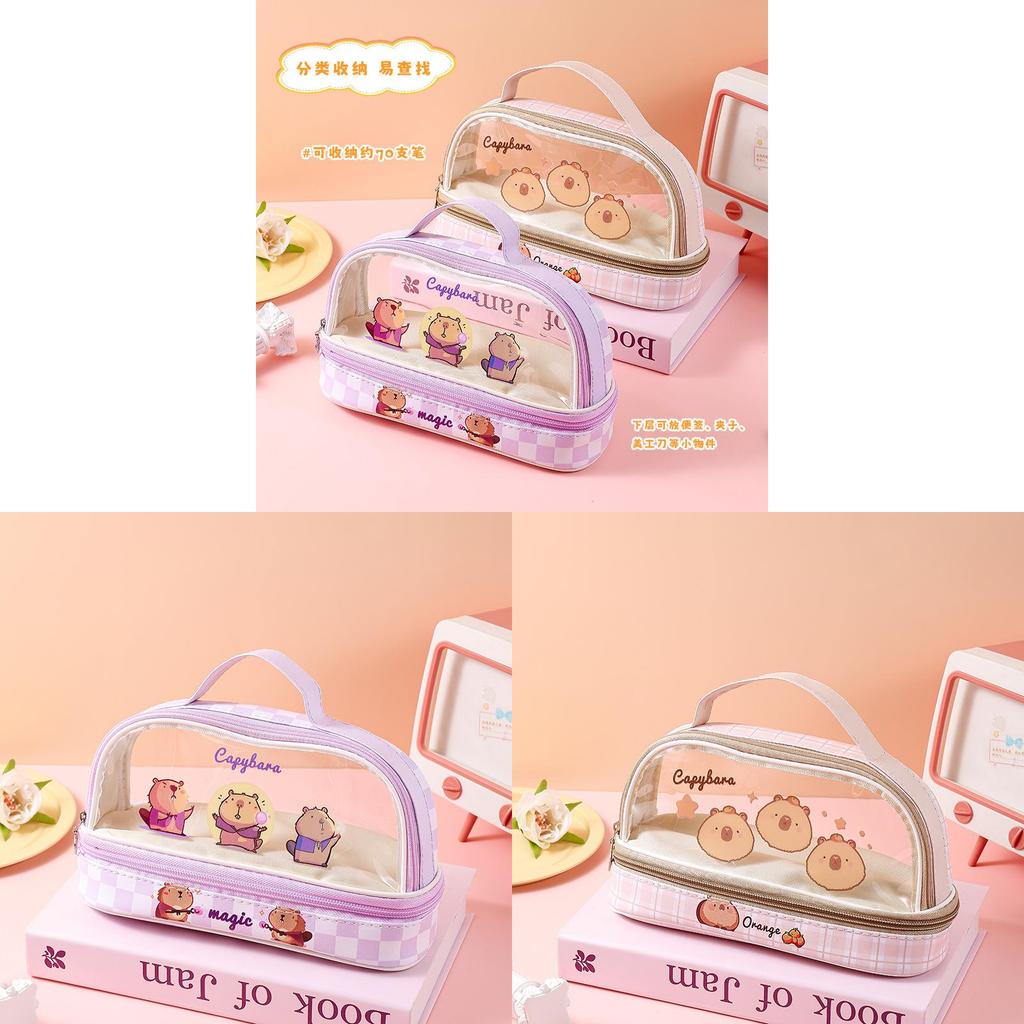 Capybara Pen Case Transparent Dual Layer Storage For School Students