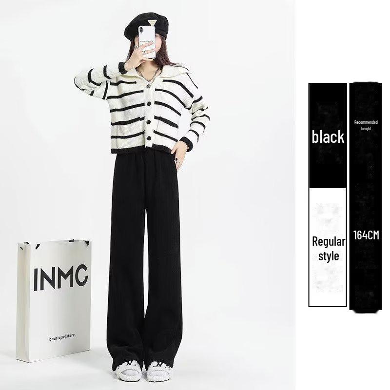 Women's High Waist White Chenille Wide-Leg Pants with Wheat Ear Pattern, Velvet Lined for Spring, Autumn, and Winter 2023.