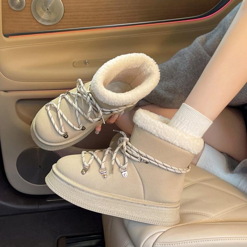 Women's Plus-Size Lace-Up Snow Boots - 2025 Winter New Style, Casual, Warm, Fleece-Lined, Short-Calf, Cotton Boots for Cross-Border Trade