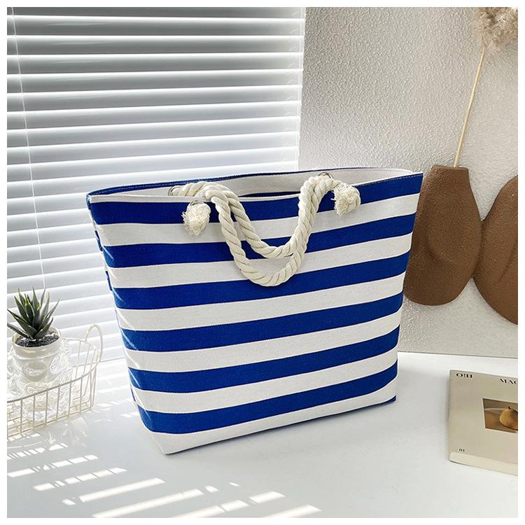 Eco-Friendly Striped Canvas Tote Bag - Large Capacity Shopping & Beach Bag