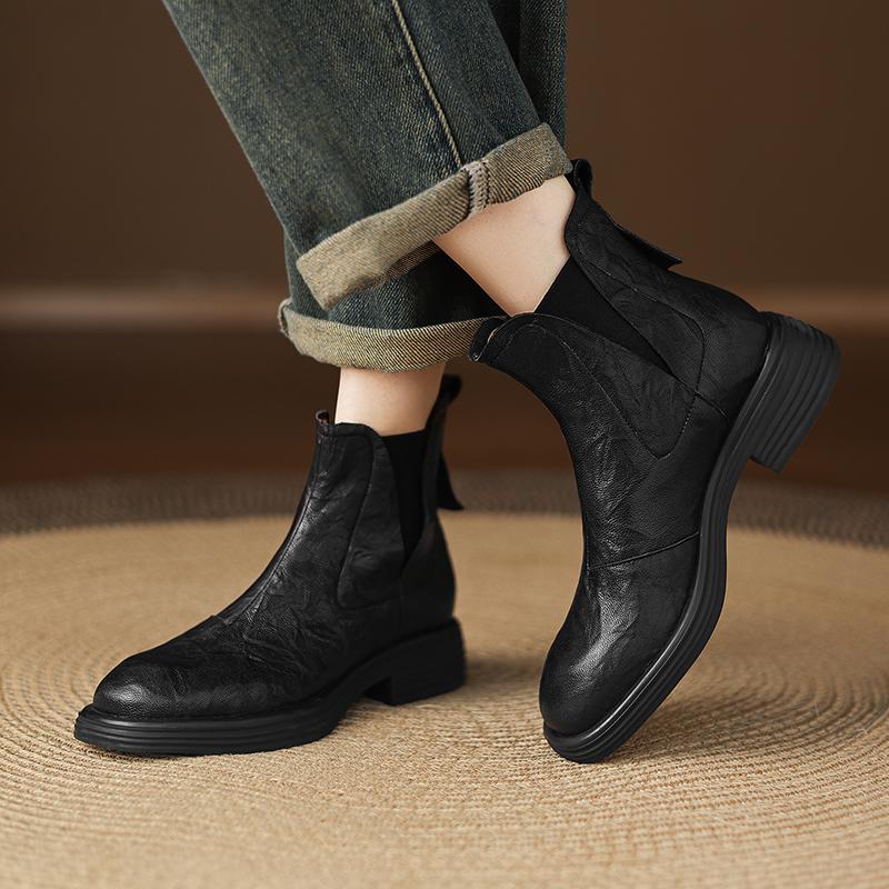 Fashion 2025 NEW Autumn/Winter Women Boots Round Toe Med Heel Chelsea Boots Genuine Leather Shoes for Women Retro Modern Ankle Boots