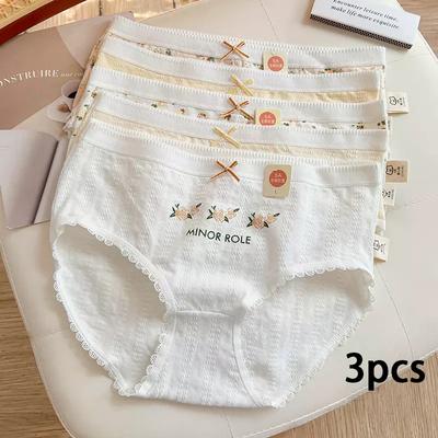 3 pièces Coton Femme Imprimé Floral Culottes Adolescent Taille Moyenne Sous-vêtements Fille Mode Short Respirant Culotte Étudiant Lingerie Douce