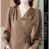 Spring Autumn Solid Color V-neck Long Sleeve Fashion Shirt Women High Street Casual Loose Lacing Cardigan Elegant All-match Tops
