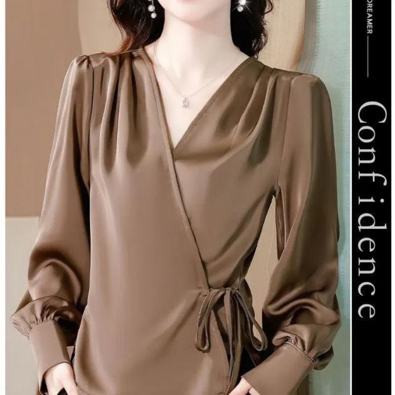 Spring Autumn Solid Color V-neck Long Sleeve Fashion Shirt Women High Street Casual Loose Lacing Cardigan Elegant All-match Tops