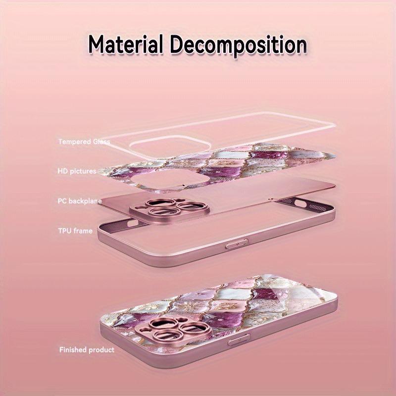 Plaid Flower Pattern Pink Metallic Paint Glass Hard Phone Case For iPhone 17 15 16 Pro Max 11 12 13 14 Plus 16E 17Air Cover