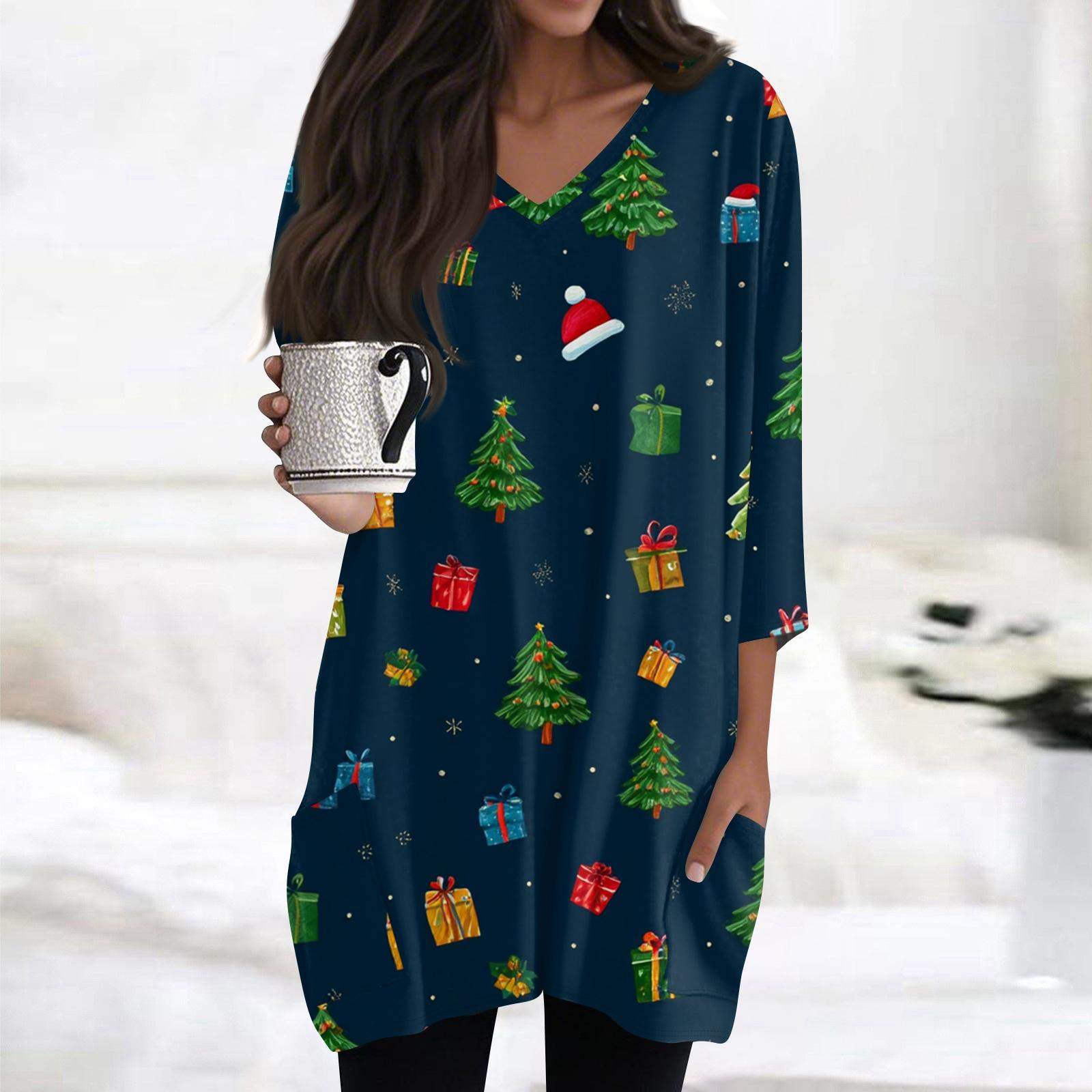 

Женские топы с V-образным вырезом и рукавом 3/4, повседневные блузки средней длины, модные туники с рождественским принтом и карманами L