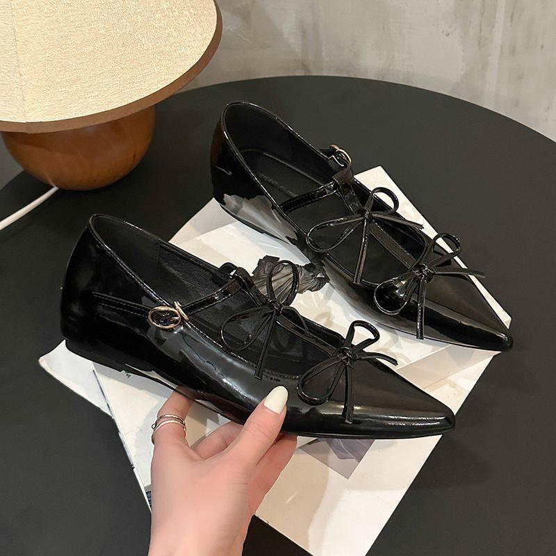 Inner Height Increase Pointed Patent Leather Spring Mary Jane Women's Double 2025 Bow Retro Single Shoes Small New Women's Shoes