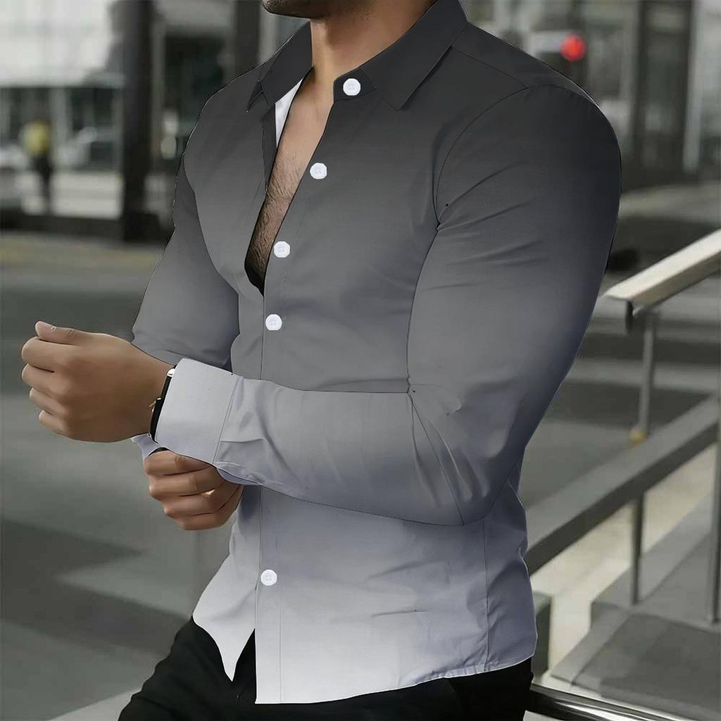 Men Collared Shirt Black White Gradient Solid Tone Long Sleeve Button Down Top