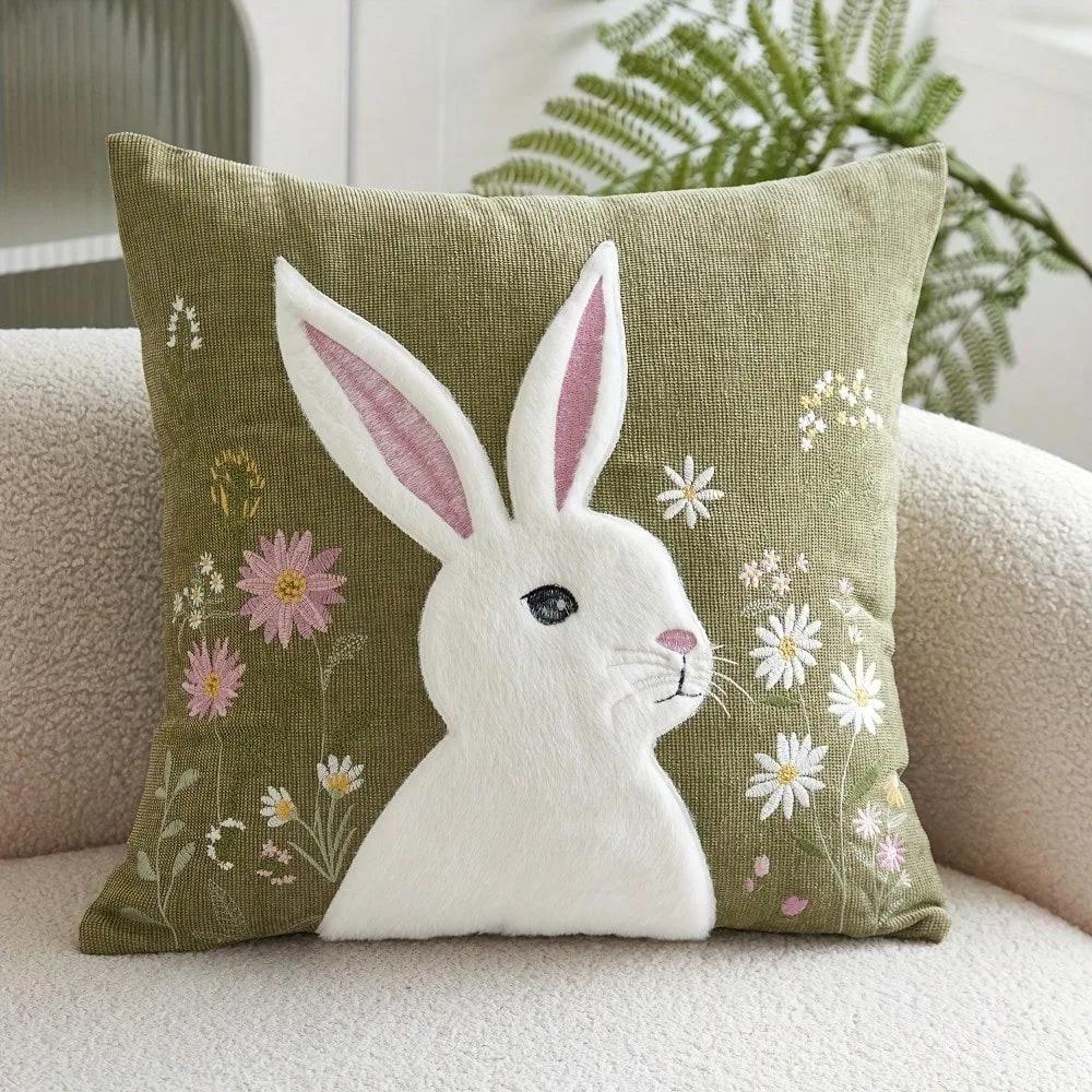 2D Printing Effect Beige Flower Rabbit Cushion Cover Made Of Polyester Fiber Material Suitable For Sofa Bedroom Spring Decoratio