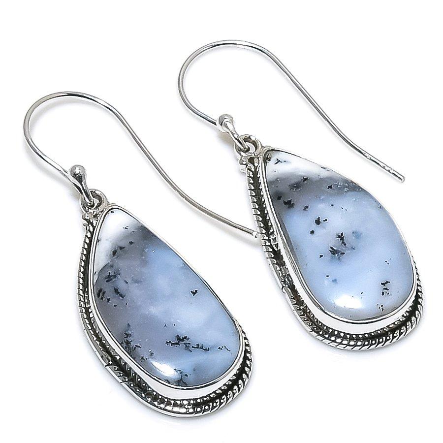 Natural Dendrite Opal Gemstone 925 Solid Sterling Silver Gift Earring 1.75" U9k98