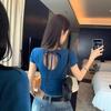 Pure desire Spice Girl short front shoulder T-shirt women's summer design sense niche slim and thin hollow straps short-sleeved top