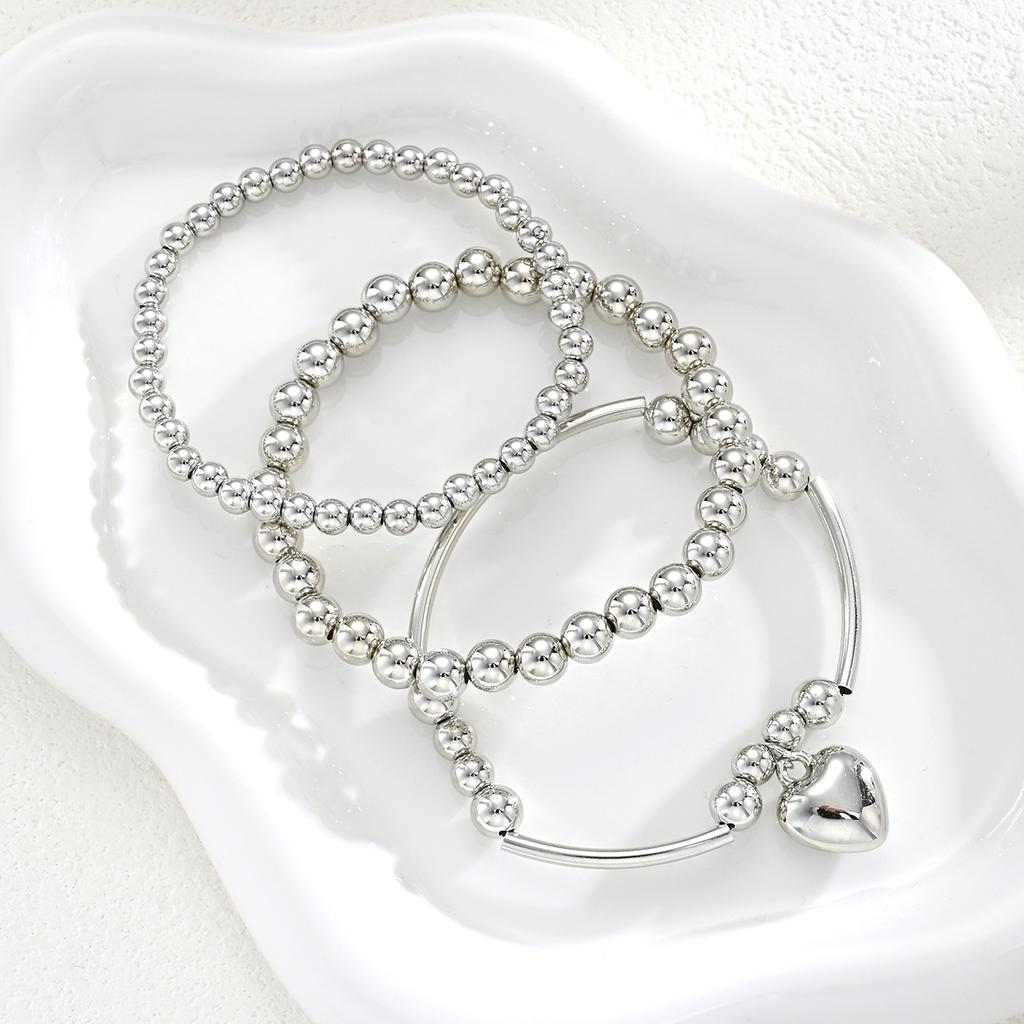 3 Pcs/Set Fashion Heart Pendant Bracelets Set for Women Vintage Simple Silver Color Ball Beaded Bracelets Bangles Jewelry Gifts